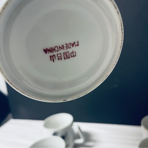 Vintage Japanese Saki Tea Pot Porcelain 6 Cups Set Gold Trim Bamboo - Picture 12 of 12